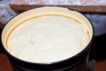 Rising yeast dough in enamel pot near traditional wood-fired oven