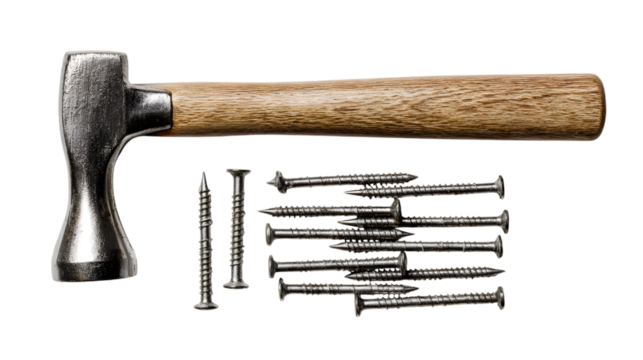 Hammer and Screws Ready for Construction and Home Improvement Projects on Black Backdrop