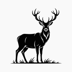 Majestic stag silhouette standing proudly in grassy field isolated on white background