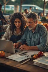 Fototapeta premium Adult couple sitting together, engaged in a discussion about agricultural produce inventory .