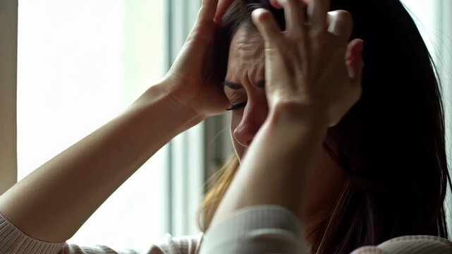 Exhausted young woman with severe migraine concept. She is holding her head in discomfort by a window.