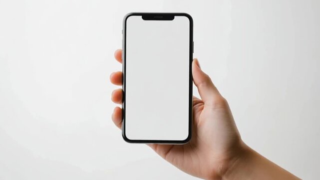A hand holds a smartphone with a blank white screen against a plain background
