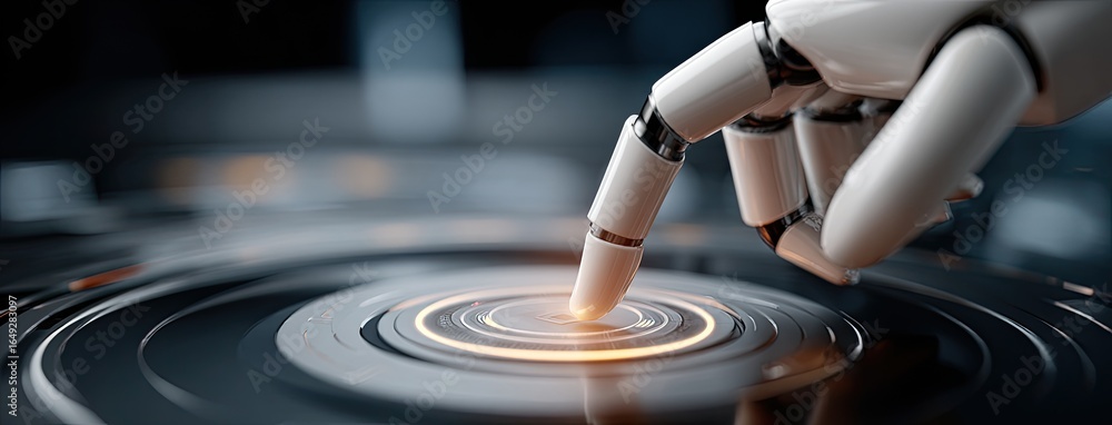 Aufkleber a robot hand delicately touches a holographic screen displaying a circular wave, showcasing advanced