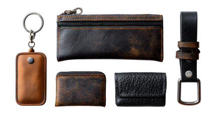 Securely organize your essentials with this stylish vintage leather accessory set featuring key pouch, coin purse, and belt loop.