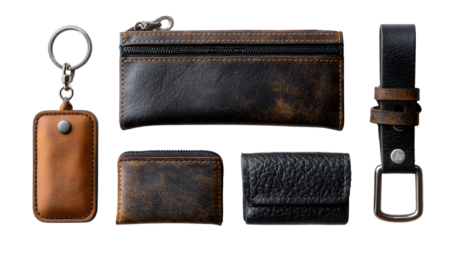 Securely organize your essentials with this stylish vintage leather accessory set featuring key pouch, coin purse, and belt loop.