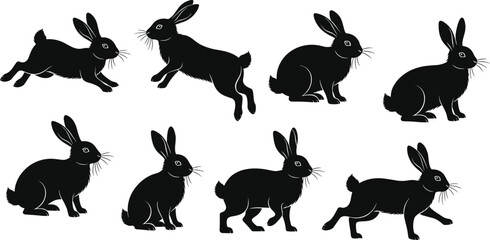  Rabbit silhouette illustration, black bunny vector, animal poses, wildlife art, nature design, cute pet drawing, hopping, sitting, running, jumping