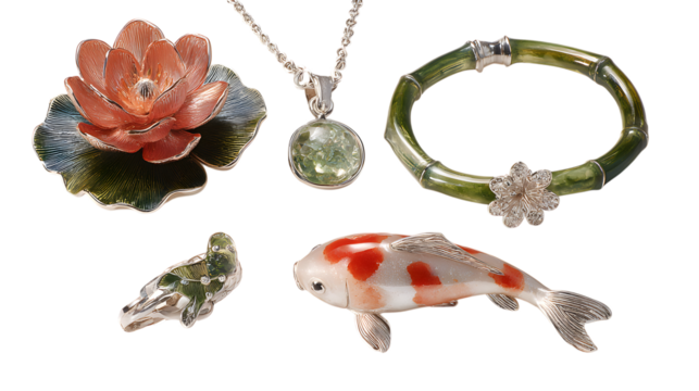 Stunning collection of exquisite jewelry featuring floral, koi fish, bamboo, and gemstone designs for luxury appeal