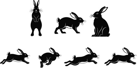 Rabbit silhouette set, black vector, various poses, jumping, sitting, running, standing, detailed fur, whiskers, ears, dynamic motion, animal