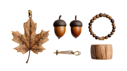 Autumnal treasures including a dried maple leaf pendant, acorns, a beaded bracelet, and wooden elements