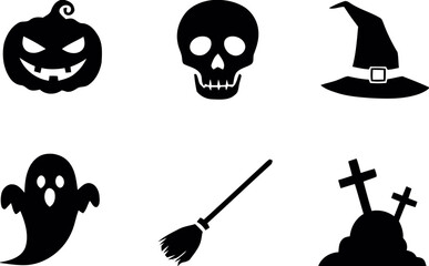 Collection of halloween icons including pumpkin skull witch hat ghost broom and graveyard silhouette isolated on white background