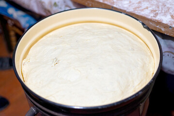 Rising yeast dough in enamel pot near traditional wood-fired oven