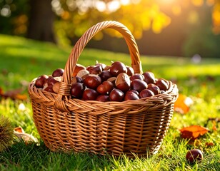 Basket of chestnuts in autumnal park