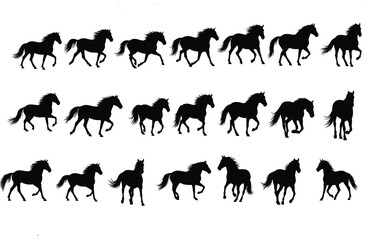 Silhouette horse collection, galloping horses, trotting horses, equine movement, black silhouettes, animation frames, dynamic poses, running animals, vector art