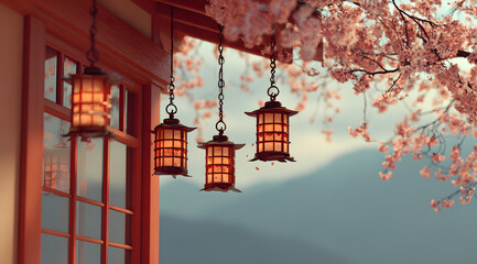 Obraz premium Cherry blossoms and lanterns outside the window