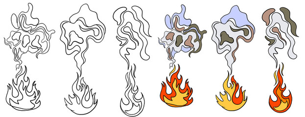 Set of six flame and smoke illustrations in various styles: simple outlines, stylized colored versions with red, orange, yellow flames and swirling smoke in muted tones