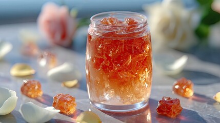 Orange pieces and pomegranate seeds fall into a jar of honey, creating a lively composition with soft shadows and a clean backdrop