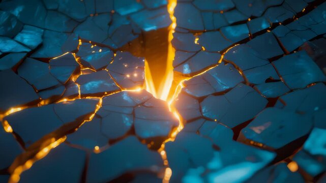 Golden Crack Expands on Dark Blue Fractured Surface
