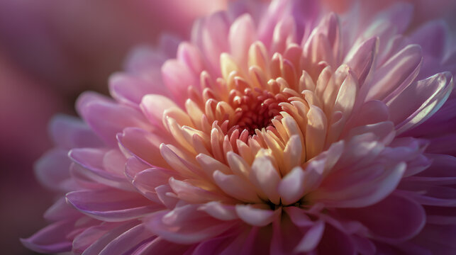 A close-up of the delicate petals and center of an oversized pink chrysanthemum, with sunlight filtering through creating soft shadows on its pastel-colored petals