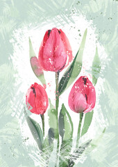 Watercolor pink tulips, spring summer illustration, gift card for a woman, mom. Creative postcard design with flowers on a textured green background.