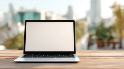 Fototapeta premium Open laptop with blank screen on wooden table outdoors with blurred city background.