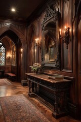Ornate wooden hallway with a grand console table.