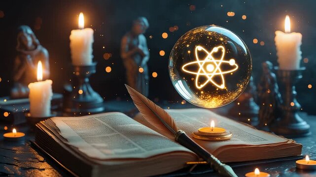Open book with feather pen beside glowing crystal ball displaying atomic symbol surrounded by burning candles in dark setting