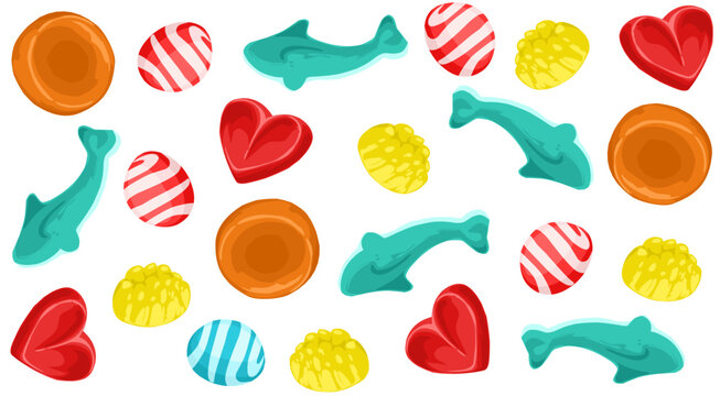Set colorful chewy candy shark blue stripes heart issolated on white 