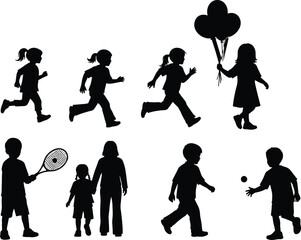  Silhouettes of children playing, running, walking dogs, holding balloons, engaging in sports, family fun, outdoor activities, white background, isolated
