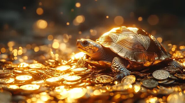 Golden turtle on a pile of gold coins