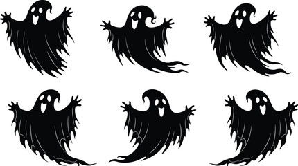 Spooky Halloween ghost silhouettes, black ghostly figures, open arms, eerie design, scary decoration, party theme, vector illustration, invitation clipart