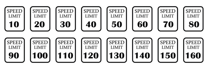 Speed limit 5 to 200km round road traffic icon sign flat style design vector illustration set isolated on white background. Circle standard road sign with number km/h in eps 10.Vector background .
