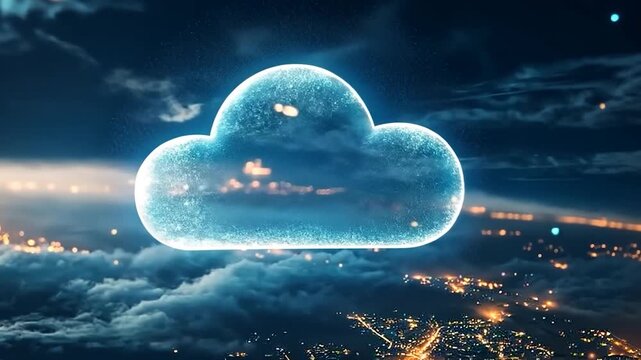 A digital cloud symbolizing data storage and connectivity over a cityscape.