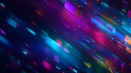Obraz premium Futuristic digital background with neon trails, glitch effects, and holographic reflections on a dark blue violet gradient