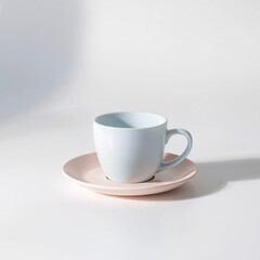Obraz premium Enjoy a quiet moment with this pastel blue coffee cup and saucer on a clean white surface