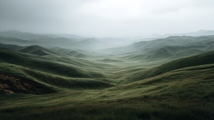 Fototapeta premium Serene Green Hills Under a Foggy Sky
