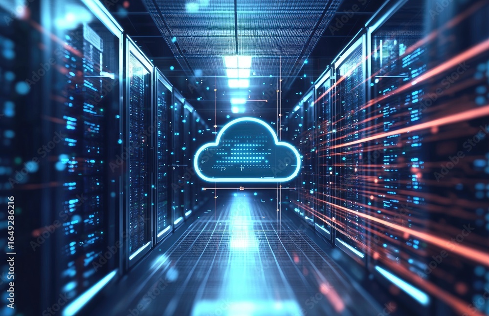 Poster futuristic server room with glowing blue cloud icon and illuminated data streams, ideal for cloud co