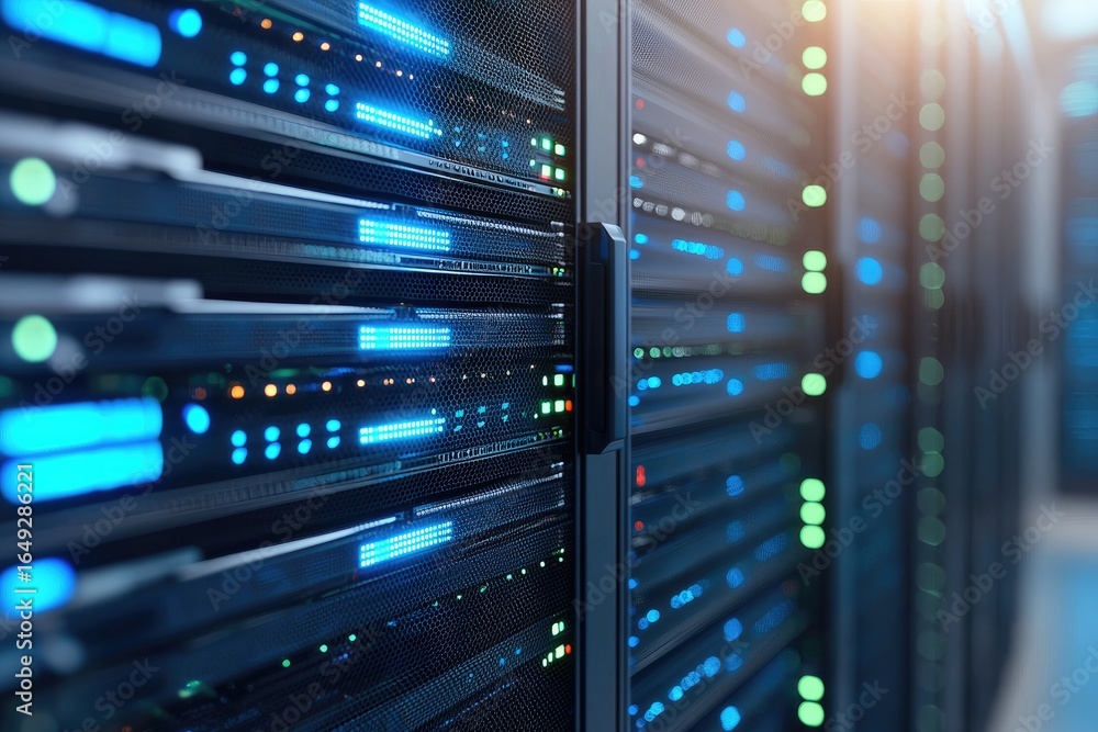 Poster close up of secure data center server racks with illuminated blue and green status lights, ideal for