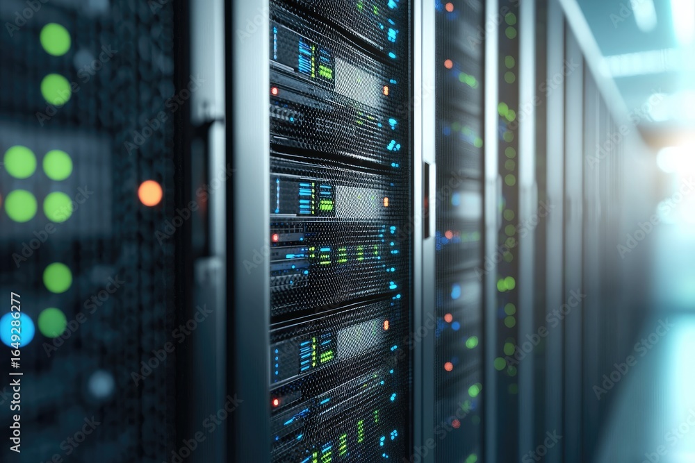 Poster detailed view of modern server racks with illuminated status indicators in secure data center, ideal