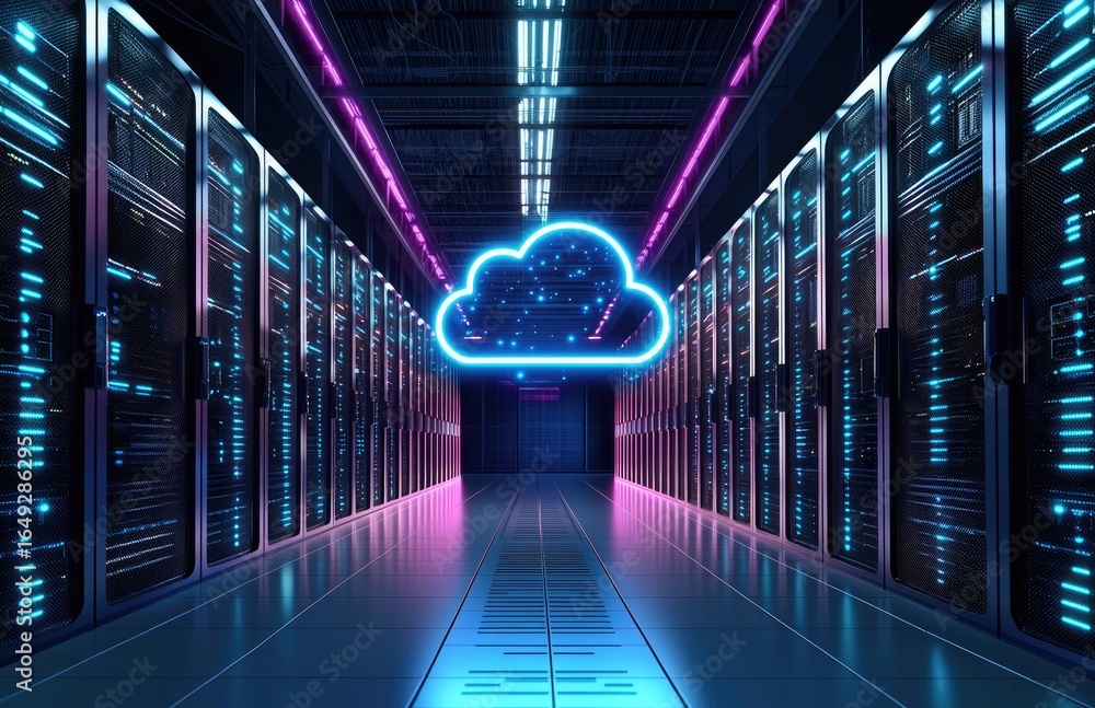 Poster futuristic data center corridor with glowing neon cloud symbol and illuminated server racks, perfect