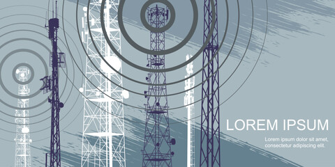 Silhouettes of telecommunication and radio towers emitting waves, concept of telecommunication and broadcasting. Vector illustration