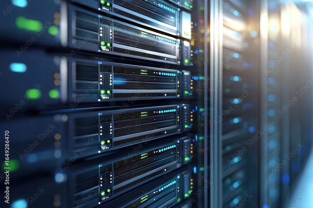 Poster close up view of modern server rack in data center with illuminated indicators, ideal for technology