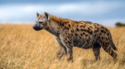 Naklejka premium Spotted hyena walks through golden tall grass under a cloudy, bright blue sky