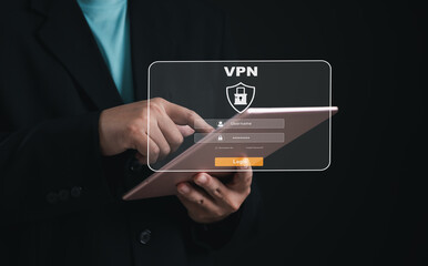 Man using tablet with VPN login interface, symbolizing online security, encrypted internet access, privacy protection and safe browsing for secure communication in the digital world.