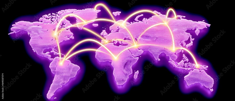 Poster dynamic world trade routes visualization global network digital art abstract design aerial view conn