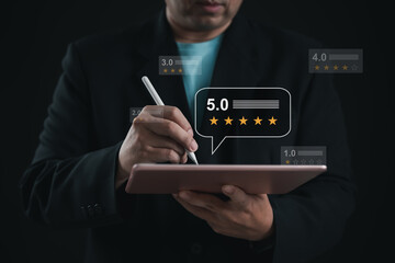 Customer rating review on tablet with five-star feedback, representing user satisfaction, service quality evaluation, online review system, and performance scoring in digital platforms.