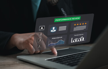 Digital performance review dashboard showing attendance, ratings, and growth charts, representing employee evaluation, HR management, and productivity analysis in modern workplace systems.