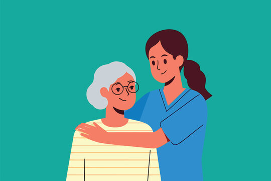 Vector illustration of a compassionate caregiver supporting an elderly woman. Concept of nursing home care and senior assistance. - Powered by Adobe