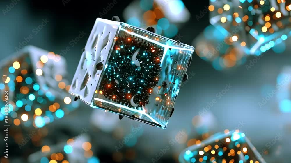 Poster glowing glass cubes spinning dynamically, revealing translucent particles moving across multidimensi