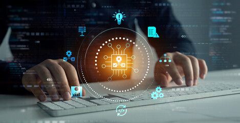 Engineer using laptop for optimization software AI bot with a Comprehensive Guide.Leveraging...