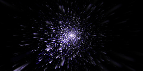 energiegeladene violett leuchtende Teilchen die Richtung Bildmitte gleiten, Leuchtende glühende digitale Teilchenströme, Internet, Daten, Forschung, Wissenschaft, Technologie, Weltall, schwarz © Digital GFX